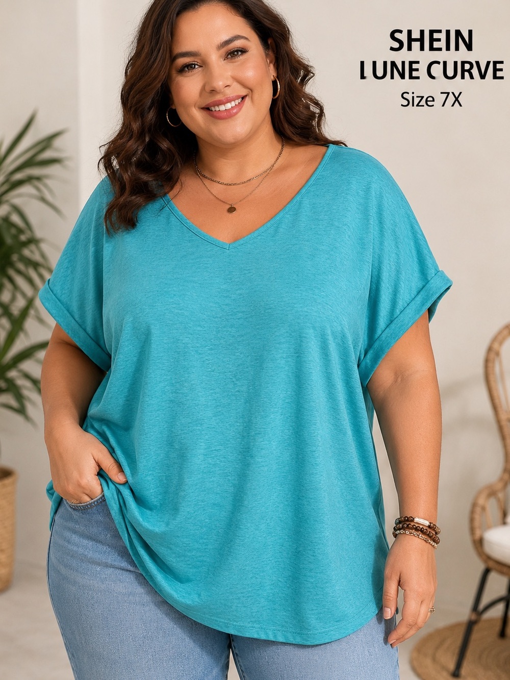 SHEIN Lune Curve Teal Blue Batwing V-Neck Top Plus Size 7X